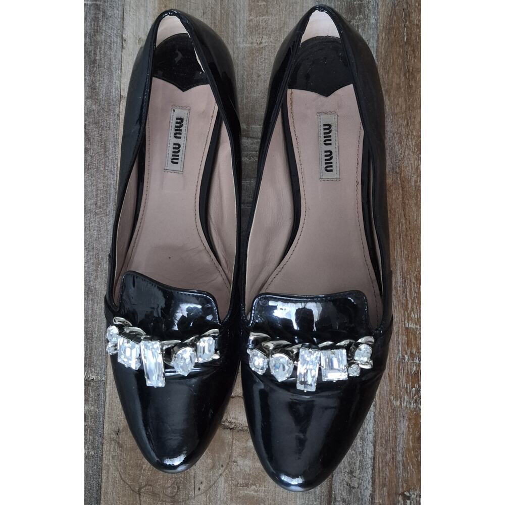 Miu Miu Black Patent Leather Crystal Jewels Loafers Size 40 / US 9-9.5